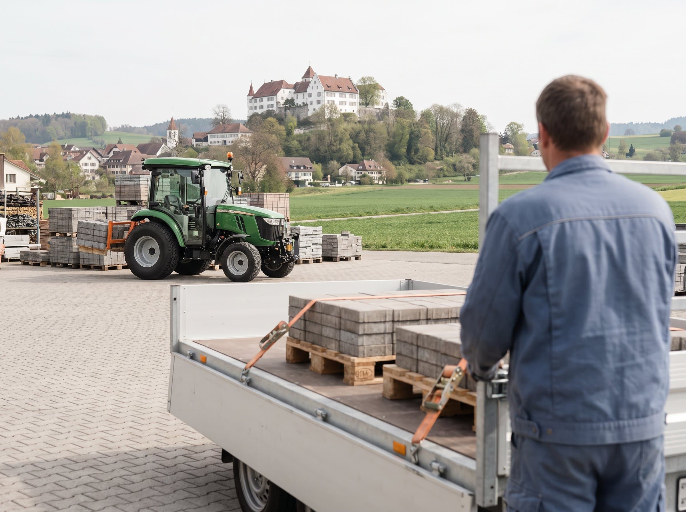 Im Werkhof zurrt ein Mitarbeiter Paletten mit Pflastersteinen auf einen Anhänger