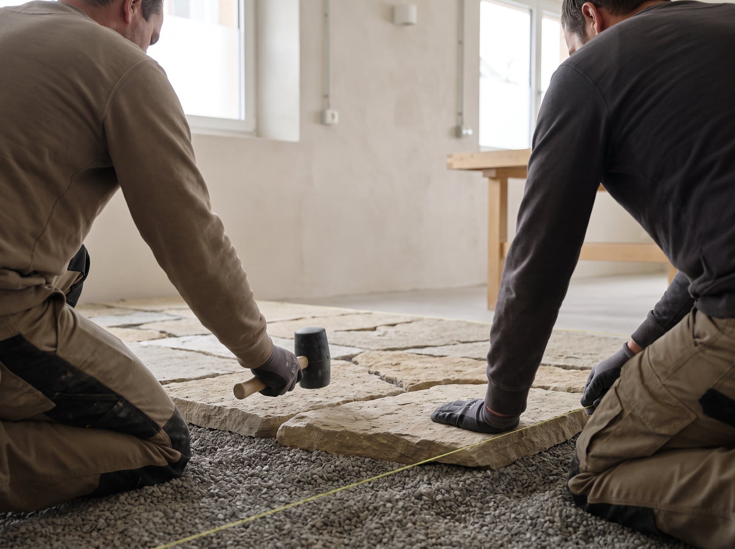 Zwei Gartenbauer verlegen Natursteinplatten auf frischem Kiesbett