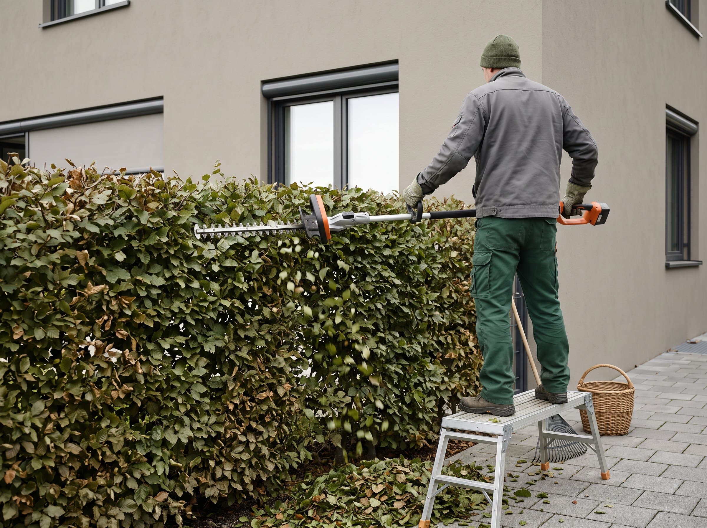Eine hohe Buchenhecke wird von einem Podest aus geschnitten