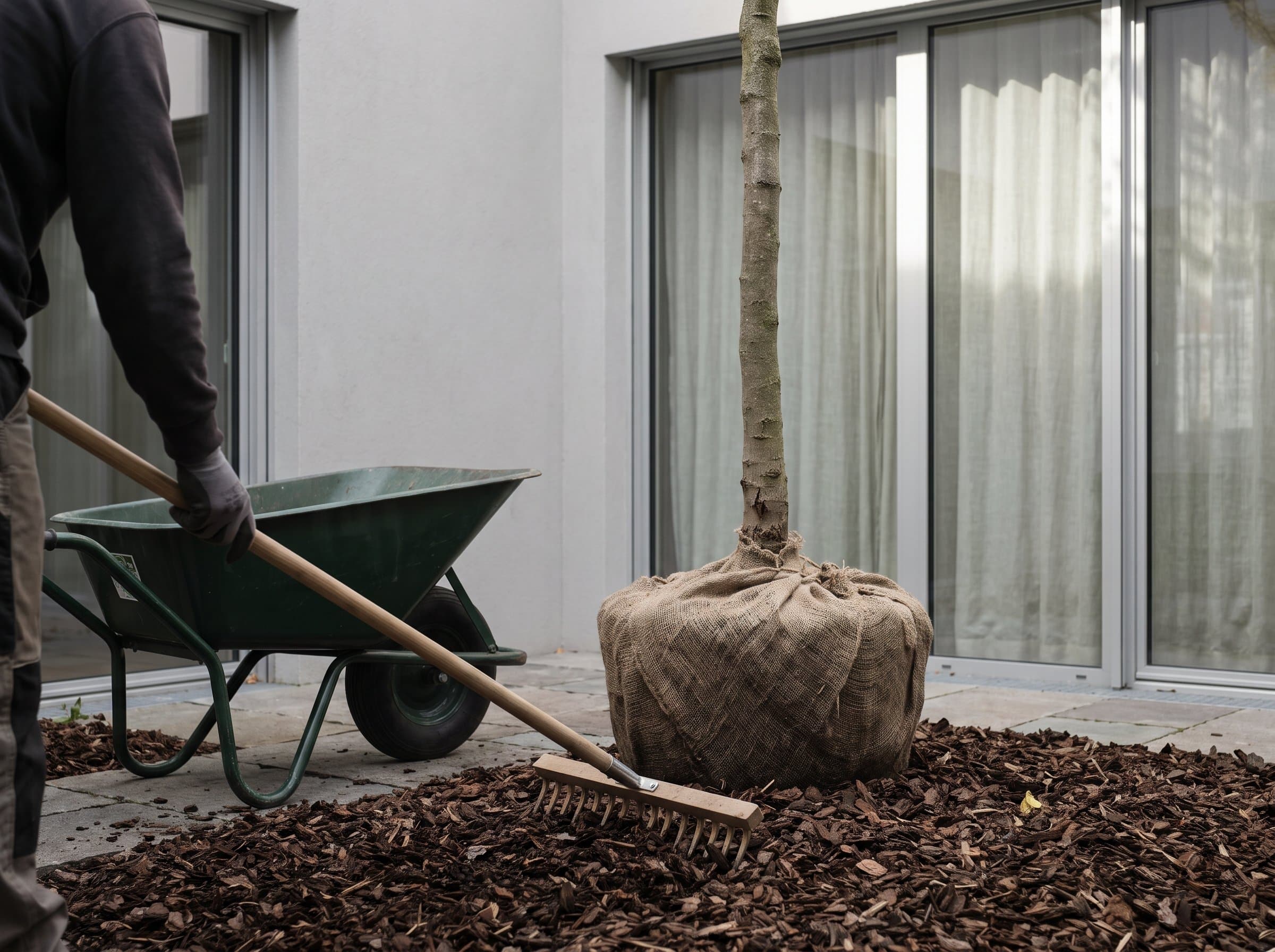 Rindenmulch wird um einen jungen Baum eben gerecht