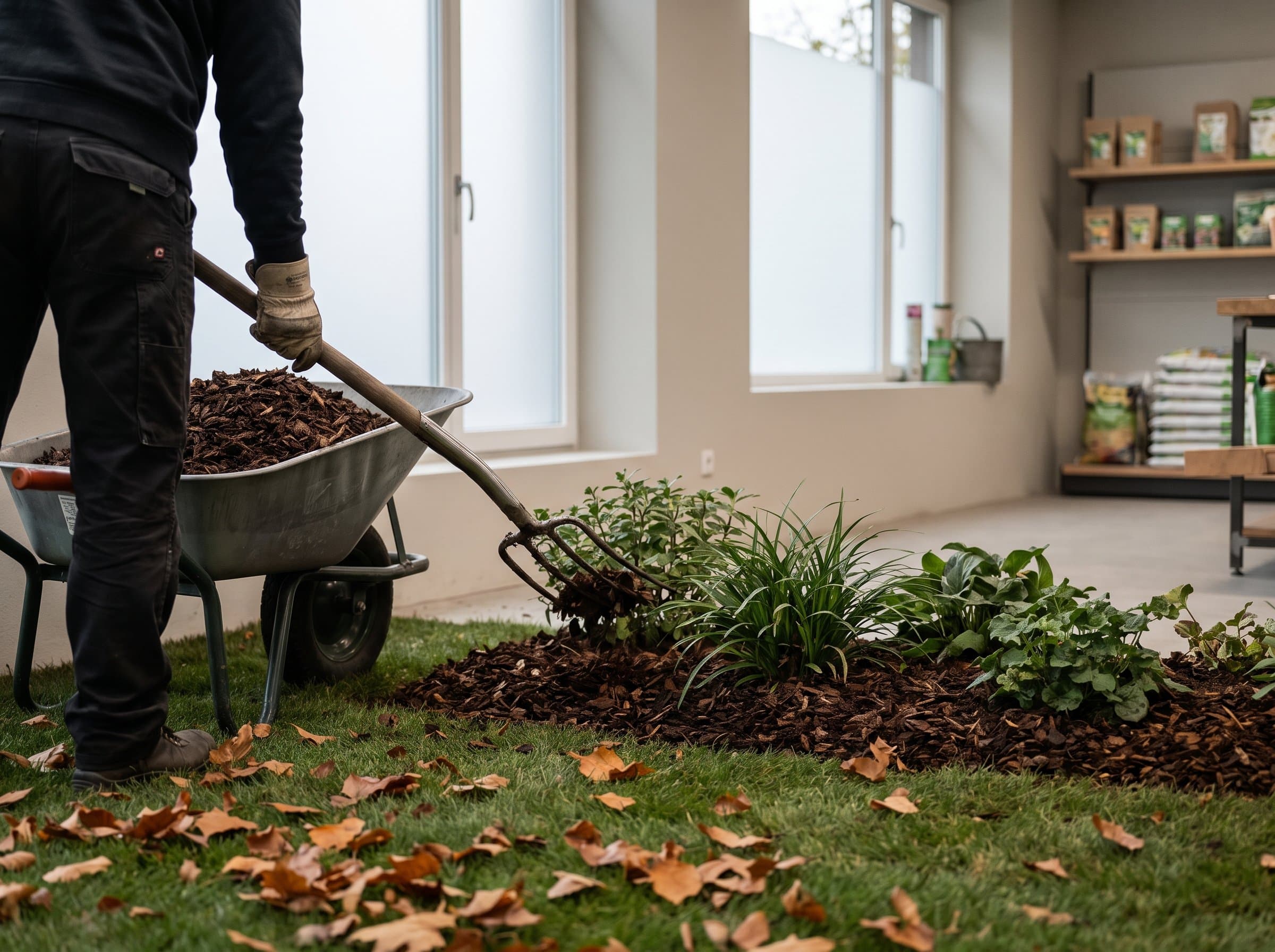 Behandschuhte Hände verteilen Rindenmulch aus der Schubkarre zwischen Stauden