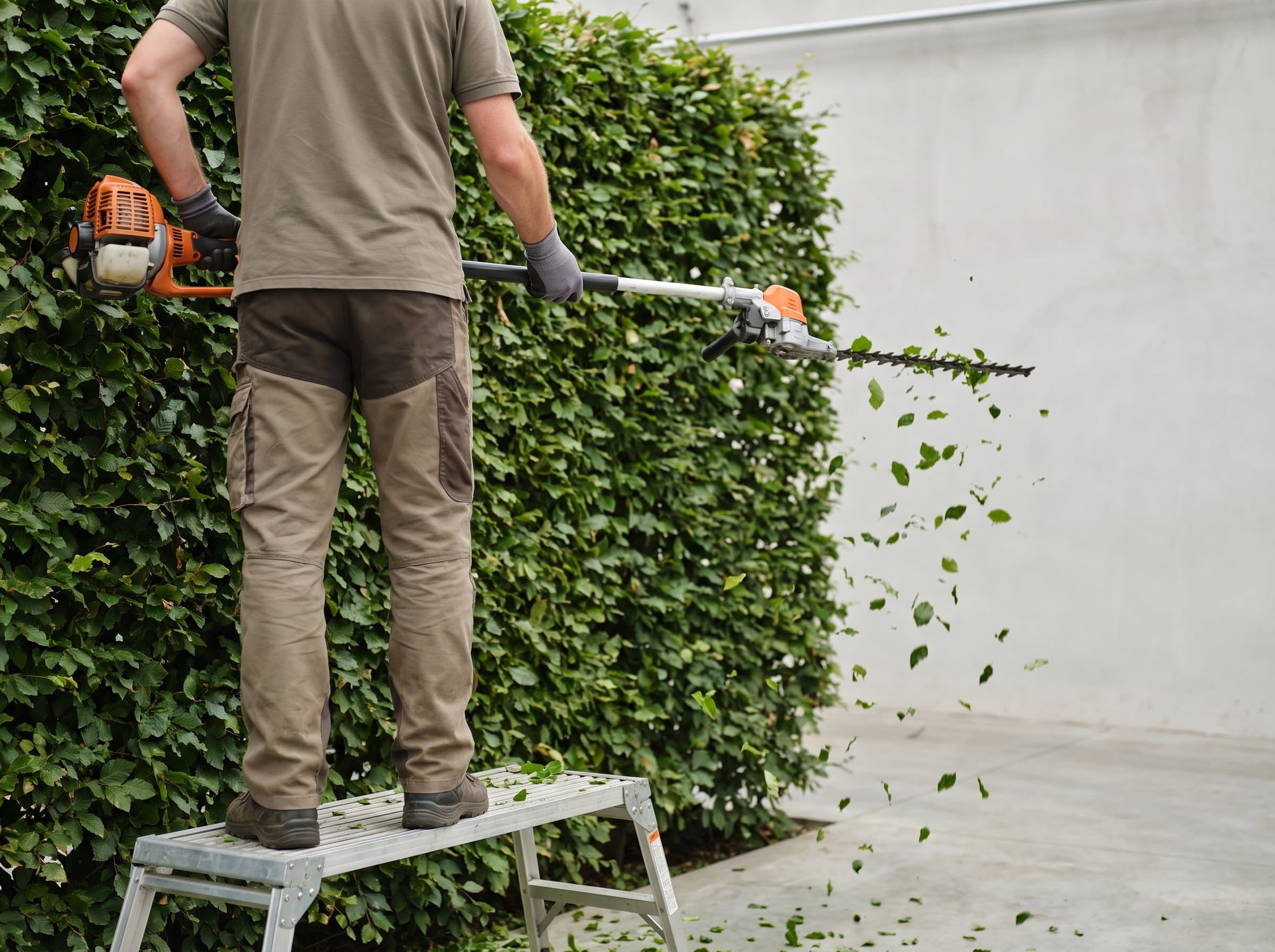 Eine hohe Buchenhecke wird von einem Podest aus geschnitten