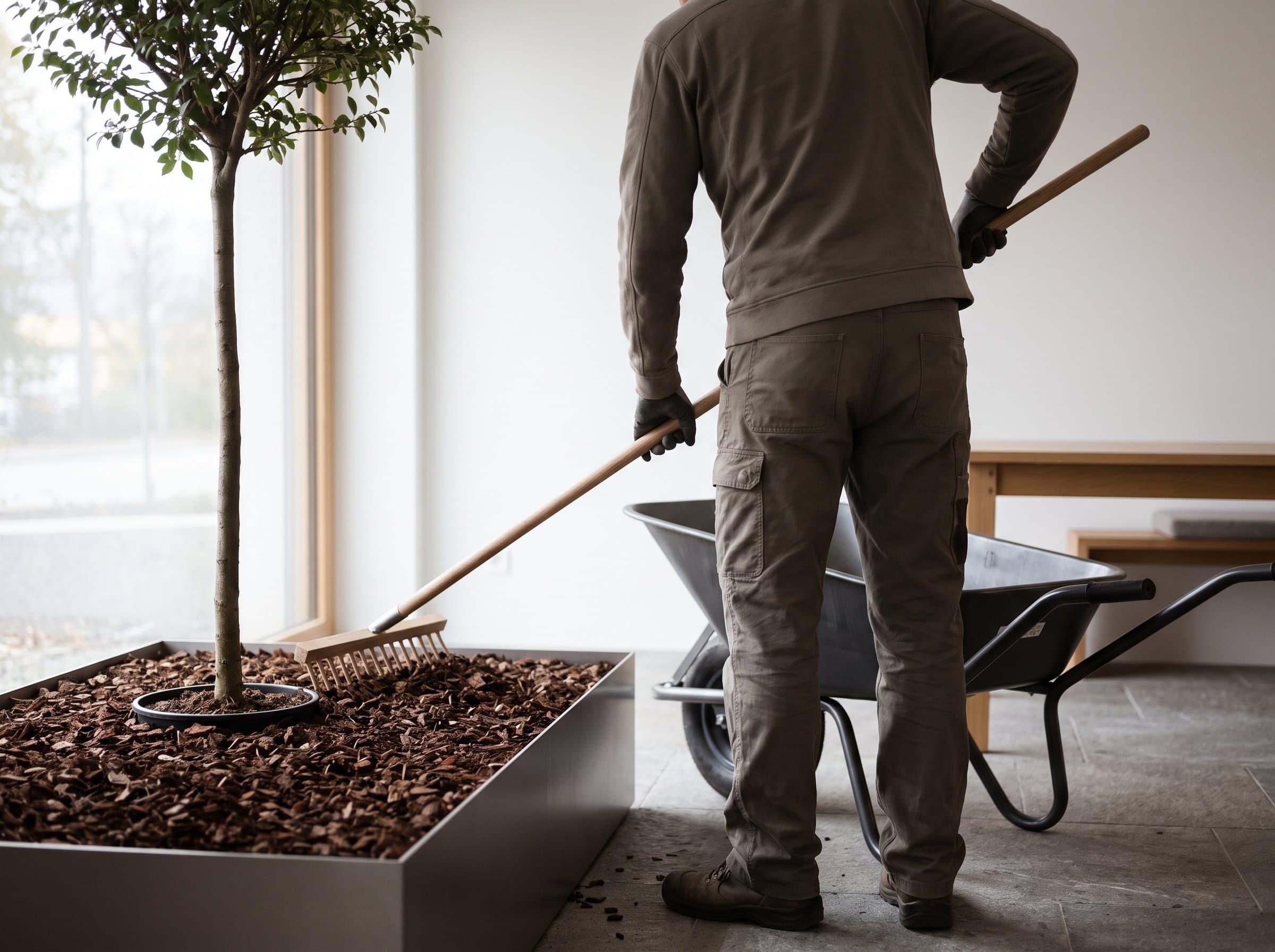 Rindenmulch wird um einen jungen Baum eben gerecht